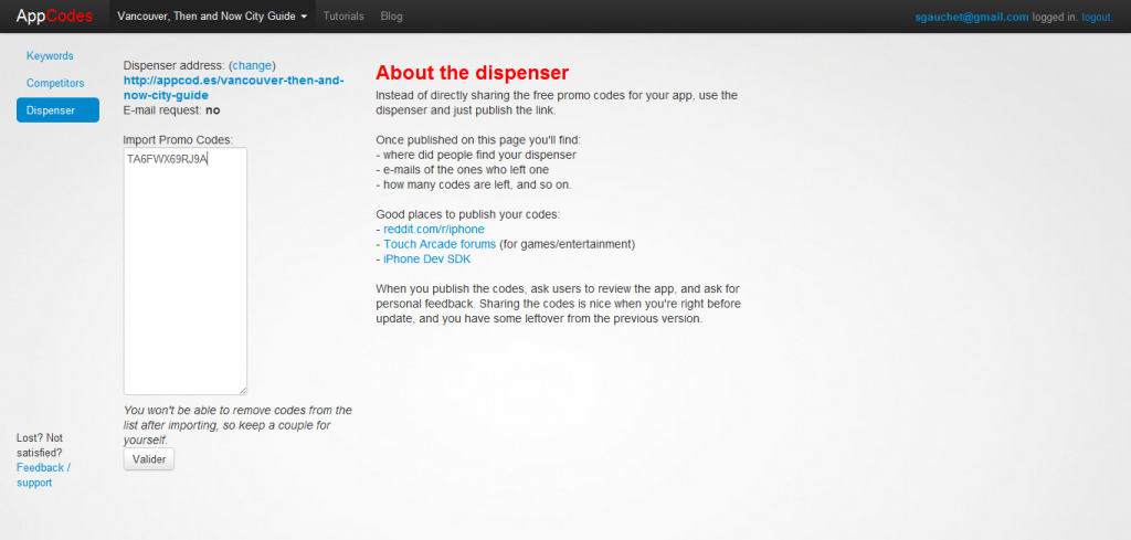 App promo codes dispenser