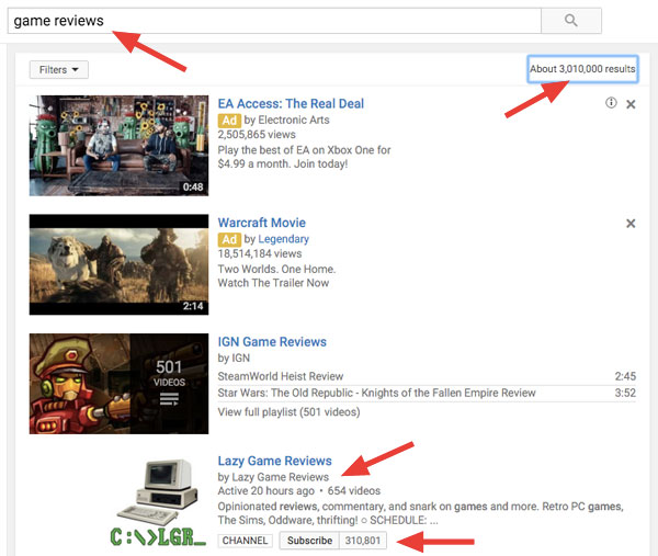 YouTube game reviews search
