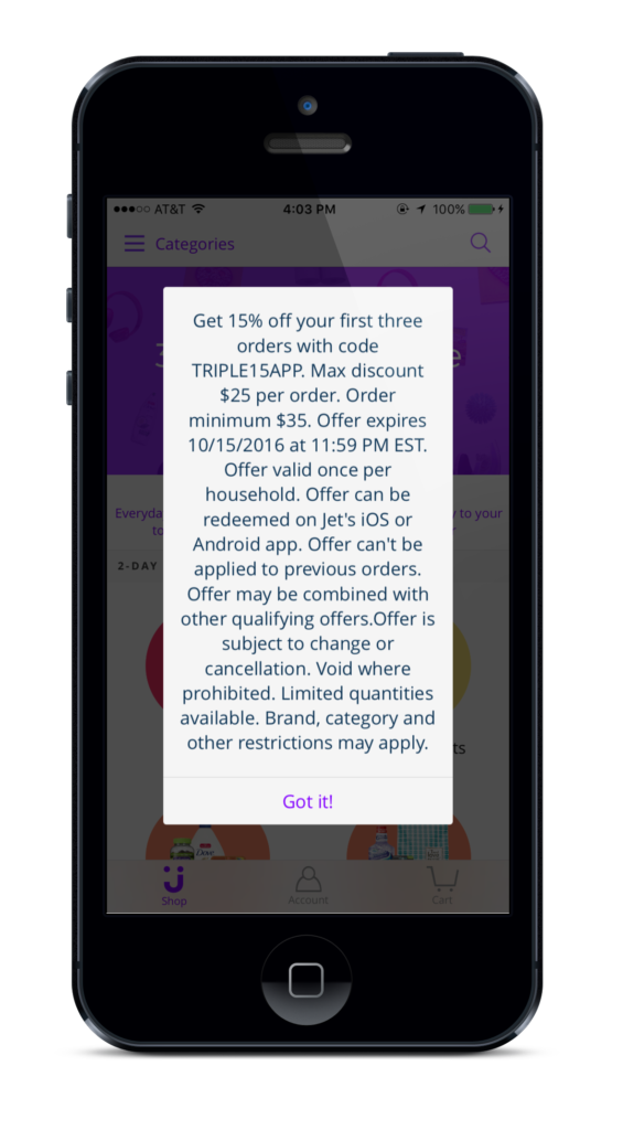 In-app message Jet.com