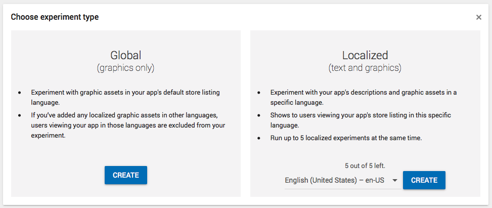 Type of Google Play Store experiment: global or localized