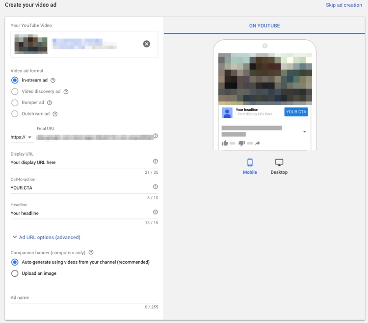 youtube adwords in stream ad creation