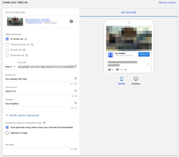 youtube adwords in stream ad creation